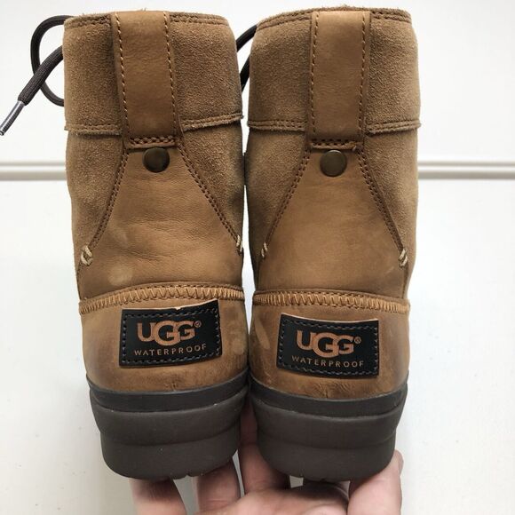 UGG Azaria Waterproof Duck Boots Women's 7 Chestnut Wool Lined Leather Suede - Picture 5 of 9